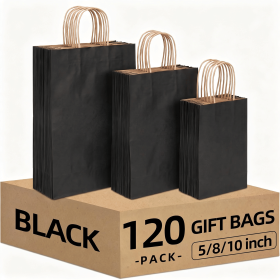 120 Pack Black Kraft Paper Gift Bags, 3 Sizes (5.1x3.5x7.9in, 7.9x4x9.8in, 9.8x4.7x12.6in), Reinforced Handles & Bottom