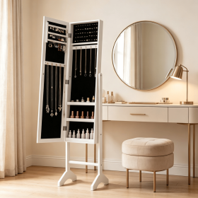 Freestanding Jewelry Armoire Velvet Lined with Full-Length Mirror for Organizing And Storing Necklaces Earrings Rings