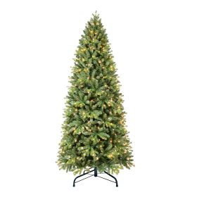 7.5ft Prelit Artificial Christmas Tree with 450 Lights, Easy Assembly Hinge Design Skinny Xmas Trees, 1599 PE&PVC Mixed Branch Tips, Green