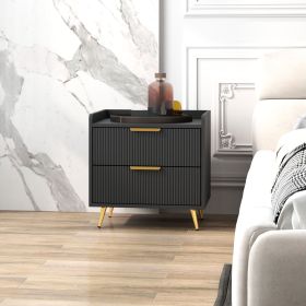 Black Nightstand with 2 Drawers Metal Legs Bedside Table Side End Table for Bedroom