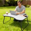 Portable Laptop Desk, Gray and White Matte Metal and Wood Construction, Foldable Design with Cup Holder, 26.5 x 18.5 Inches, for Bed, Car, Couch