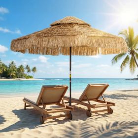 8.5 FT Hula Thatched Patio Umbrella, 2 Tier Tropical Hawaiian Style Outdoor Umbrella With 8 Ribs, Straw Tassel Design (Option: Khaki)