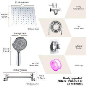12-inch High-flow Square-shaped Design Shower Head Set, Water-saving High-pressure Rain Head For Smooth Flow, 11-inch Adjustable Arm For Comfort, (Option: Exquisitesilver)